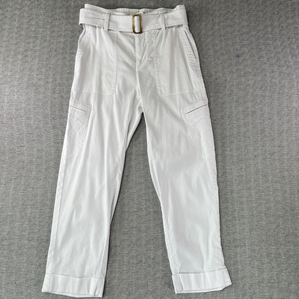 Vince Belted Cropped White Linen-blend Cargo Pants Detachable Belt